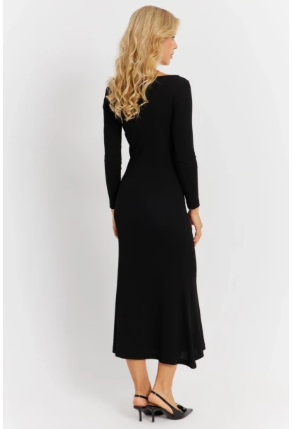 Kadın Siyah Düğme Detaylı Kaşkorse Midi Elbise EY2854