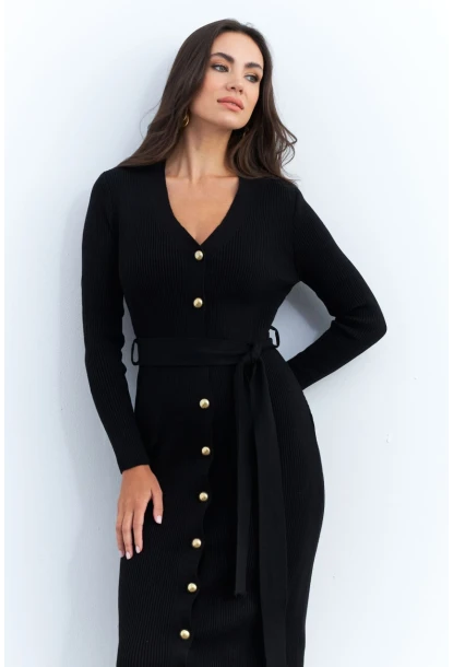 Kadın Siyah Düğme Detaylı Kuşaklı Midi Elbise MŞ1