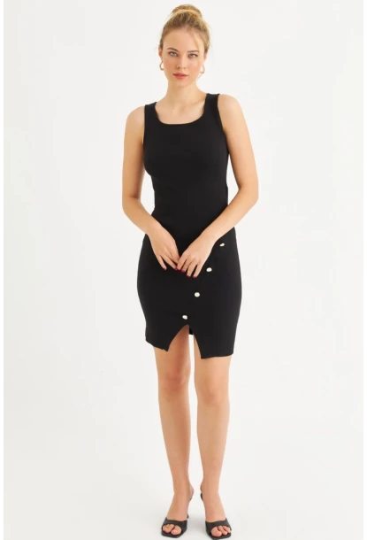 Kadın Siyah Düğme Detaylı Midi Elbise URO1111