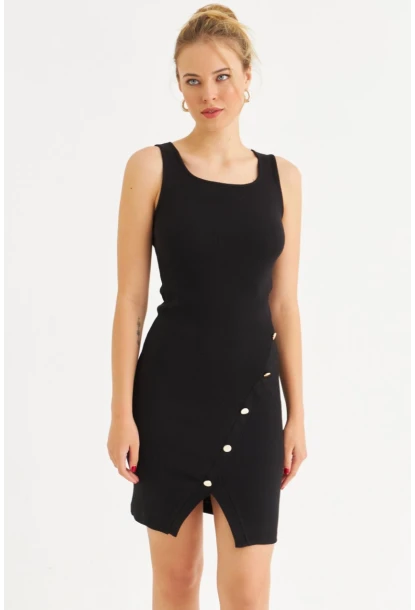 Kadın Siyah Düğme Detaylı Midi Elbise URO1111