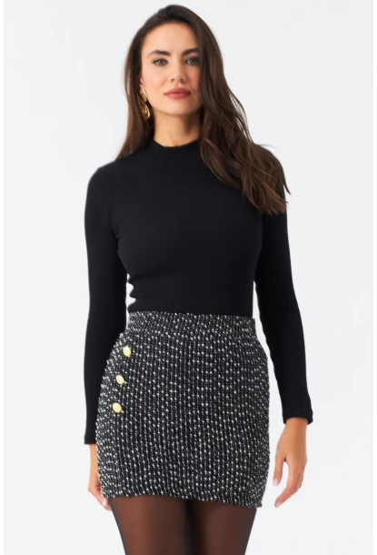 Kadın Siyah Düğme Detaylı Mini Etek RX447