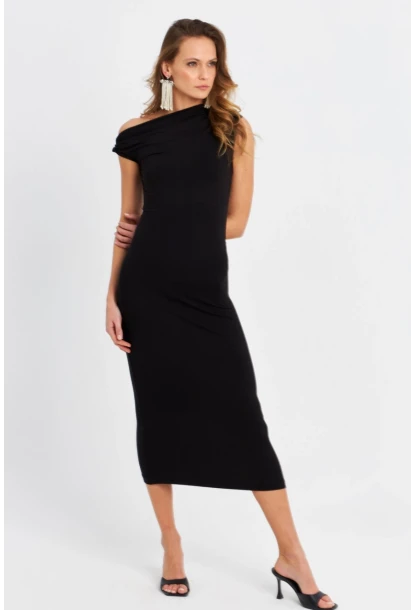 Kadın Siyah Düğümlü Midi Elbise EY3069