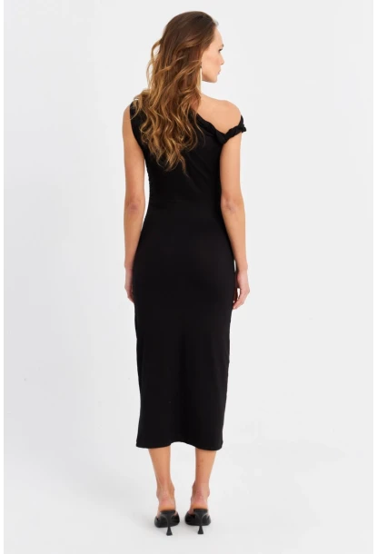 Kadın Siyah Düğümlü Midi Elbise EY3069