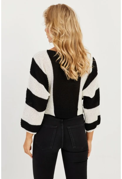 Kadın Siyah-Ekru Ajurlu Triko Kazak YV218