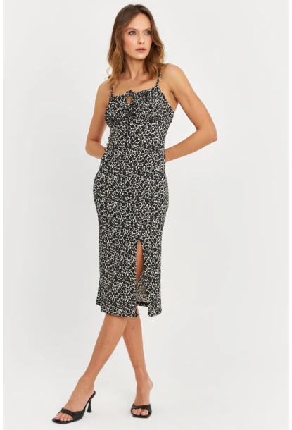 Kadın Siyah-Ekru Askılı Bürümcük Midi Elbise KAB302