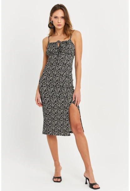 Kadın Siyah-Ekru Askılı Bürümcük Midi Elbise KAB302