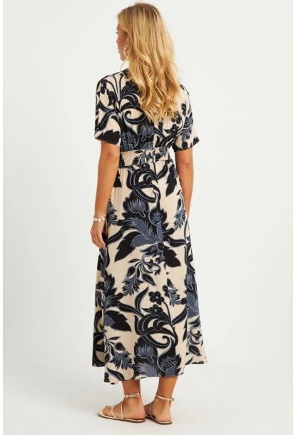 Kadın Siyah-Ekru Desenli Gipeli Midi Elbise YZ1055