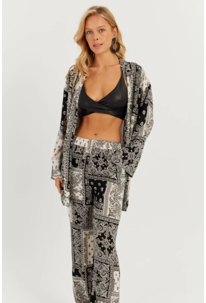 Kadın Siyah-Ekru Desenli Kimono Takım GÇ156