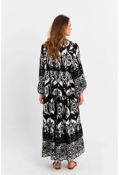 Kadın Siyah-Ekru Desenli Salaş Midi Elbise MALO3002