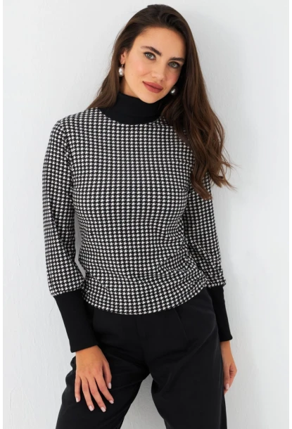 Kadın Siyah-Ekru Kazayağı Balıkçı Bluz EY2972