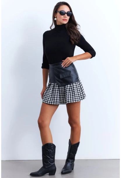 Kadın Siyah-Ekru Kazayağı Suni Deri Mini Etek NH93
