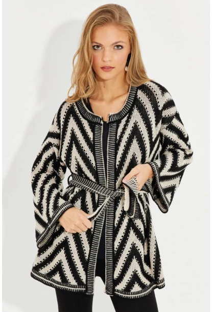 Kadın Siyah-Ekru Kemerli Zikzak Triko Hırka MİW1525