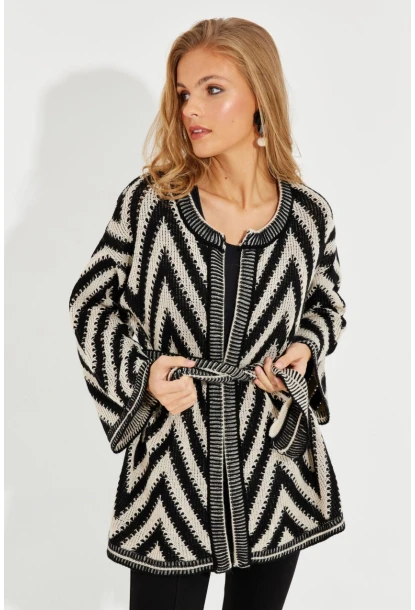Kadın Siyah-Ekru Kemerli Zikzak Triko Hırka MİW1525