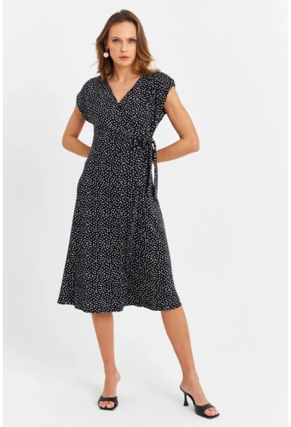 Kadın Siyah-Ekru Kruvaze Puantiyeli Midi Elbise EY3071