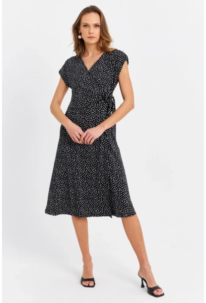 Kadın Siyah-Ekru Kruvaze Puantiyeli Midi Elbise EY3071