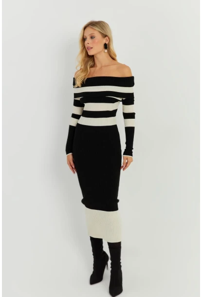 Kadın Siyah-Ekru Madonna Çizgili Triko Midi Elbise KED143