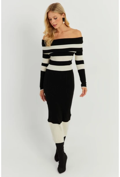 Kadın Siyah-Ekru Madonna Çizgili Triko Midi Elbise KED143