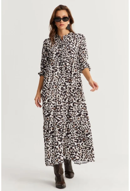 Kadın Siyah-Ekru Volanlı Desenli Maxi Elbise YLE14