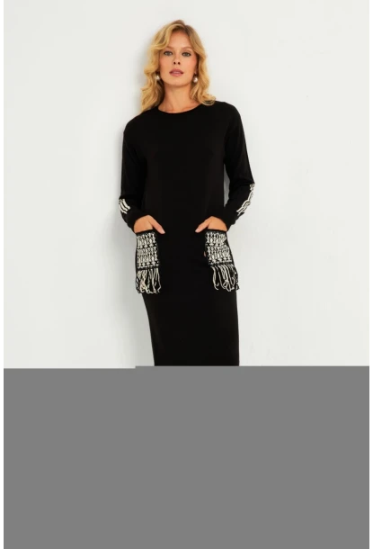Kadın Siyah Etnik Triko Midi Elbise RH03