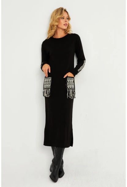 Kadın Siyah Etnik Triko Midi Elbise RH03