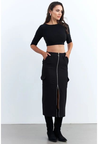Kadın Siyah Fermuarlı Cepli Midi Etek ELT3999