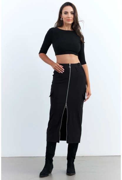 Kadın Siyah Fermuarlı Cepli Midi Etek ELT3999