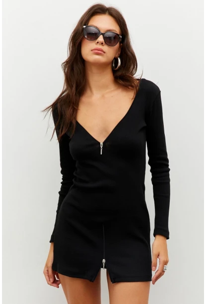 Kadın Siyah Fermuarlı Kaşkorse Mini Elbise EY2530