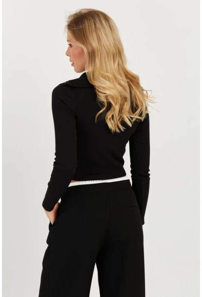 Kadın Siyah Fermuarlı Kısa Bluz CY336