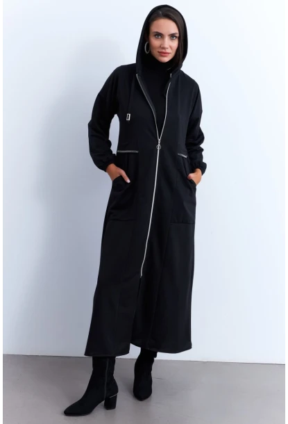 Kadın Siyah Fermuarlı Taşlı Sweat Elbise MASF21