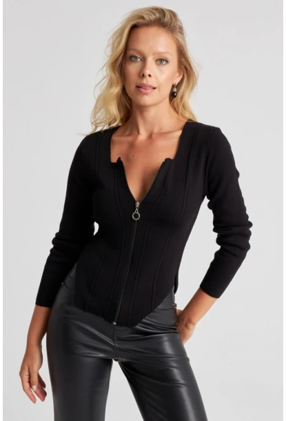 Kadın Siyah Fermuarlı Triko Kazak YZ523