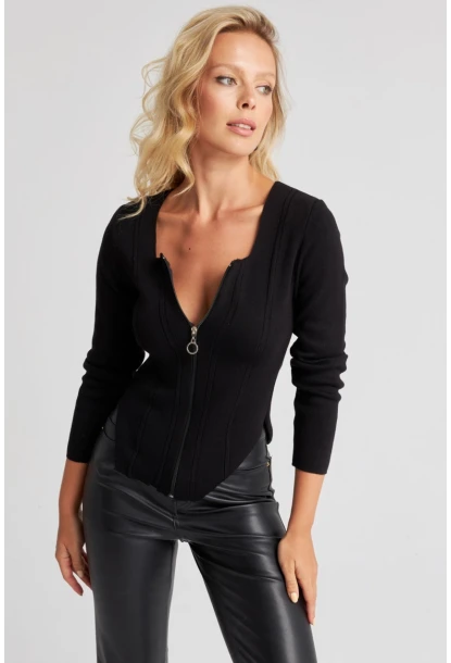 Kadın Siyah Fermuarlı Triko Kazak YZ523