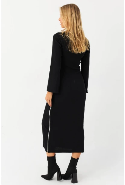 Kadın Siyah Fermuarlı Yırtmaçlı Kaşkorse Midi Elbise EY2990