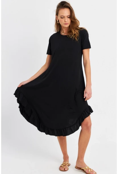Kadın Siyah Fırfırlı Basic Elbise MALB5005