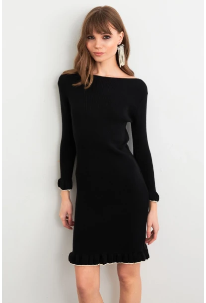 Kadın Siyah Fırfırlı Basic Triko Midi Elbise SF2559