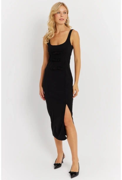 Kadın Siyah Fiyonk Detaylı Yırtmaçlı Midi Elbise KED4283