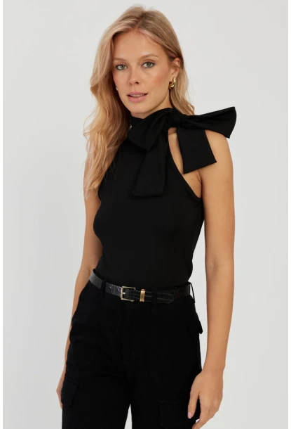 Kadın Siyah Fiyonklu Crop Bluz EY2726