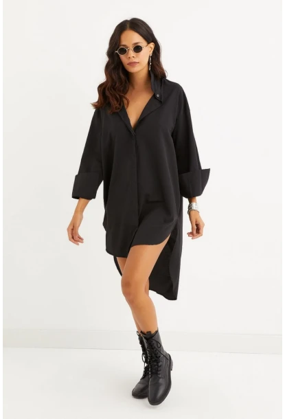 Kadın Siyah Gizli Düğmeli Tunik Gömlek Elbise SF1292
