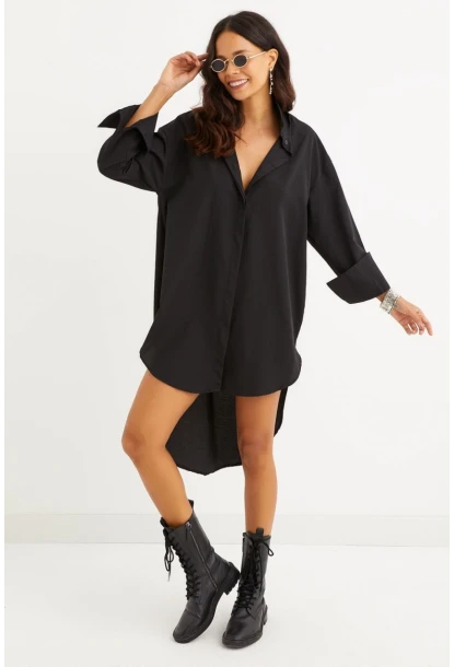 Kadın Siyah Gizli Düğmeli Tunik Gömlek Elbise SF1292