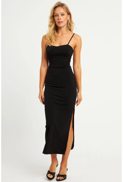 Kadın Siyah Gloplu Askılı Midi Elbise DMR145