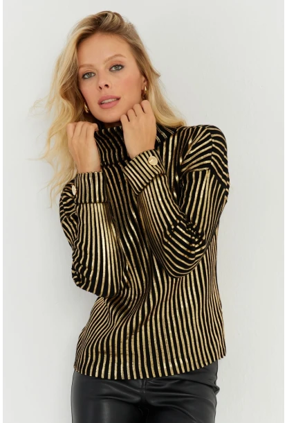 Kadın Siyah-Gold Düğme Detaylı Varaklı Triko Kazak SF2532