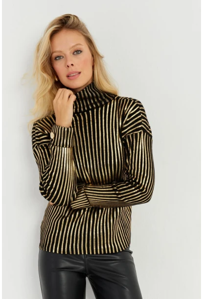 Kadın Siyah-Gold Düğme Detaylı Varaklı Triko Kazak SF2532