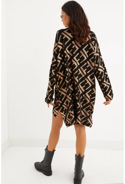 Kadın Siyah-Gold Varaklı Triko Tunik Elbise TD122