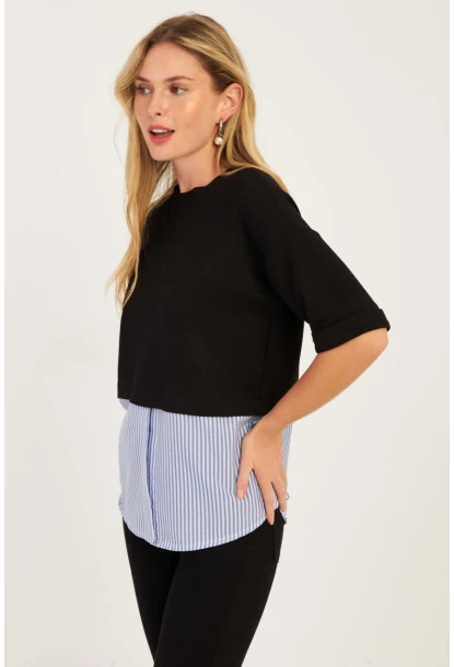 Kadın Siyah Gömlek Dataylı Bluz ST835