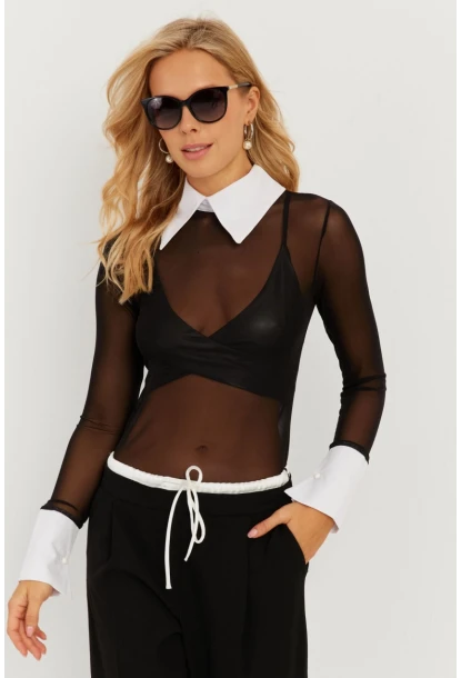 Kadın Siyah Gömlek Yaka Tül Bluz MEN2033