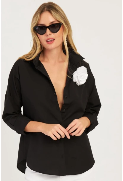 Kadın Siyah Gül Aksesuarlı Gömlek SF2540