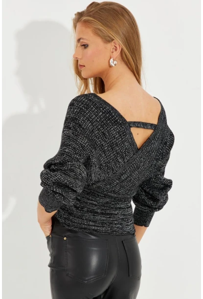 Kadın Siyah-Gümüş Kruvaze Simli Kazak KED125