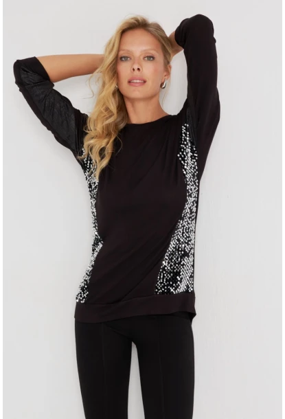 Kadın Siyah-Gümüş Payetli Uzun Bluz ST3124