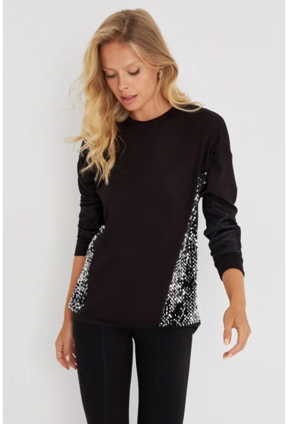 Kadın Siyah-Gümüş Payetli Uzun Bluz ST3124