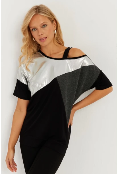 Kadın Siyah-Gümüş Suni Deri Bloklu Bluz ST834