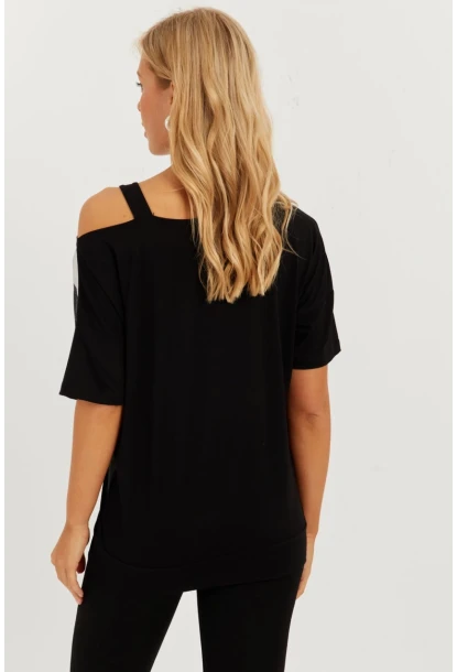 Kadın Siyah-Gümüş Suni Deri Bloklu Bluz ST834